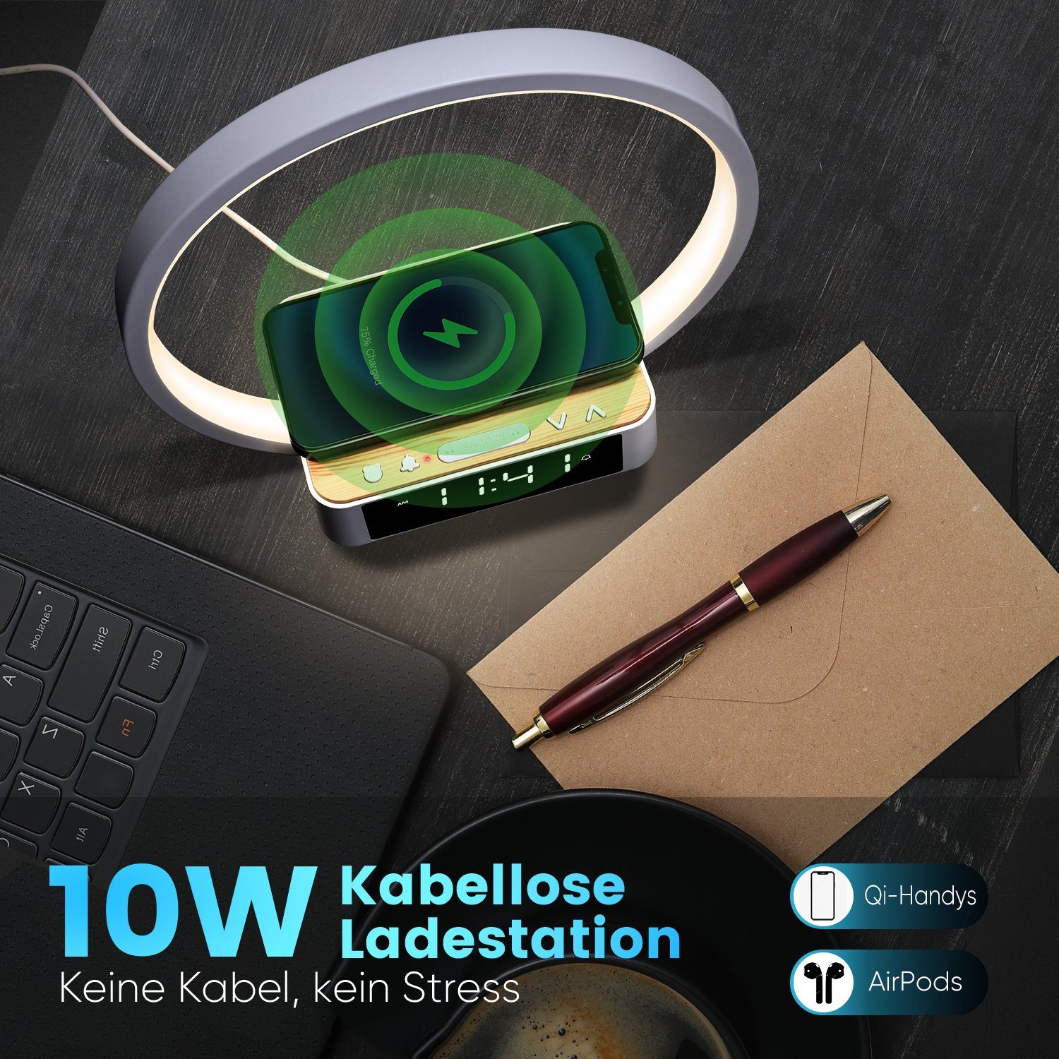 WILIT LED Tischleuchte Tischlampe Schlafzimmer Lampe Nachttisch mit Ladefunktion Kabellos, 10W kabelloses Ladegerät, LED fest integriert, Neutralweiß, Aufwachlicht, Wecker, Zeitanzeige und 3 Helligkeitsstufen dimmbar