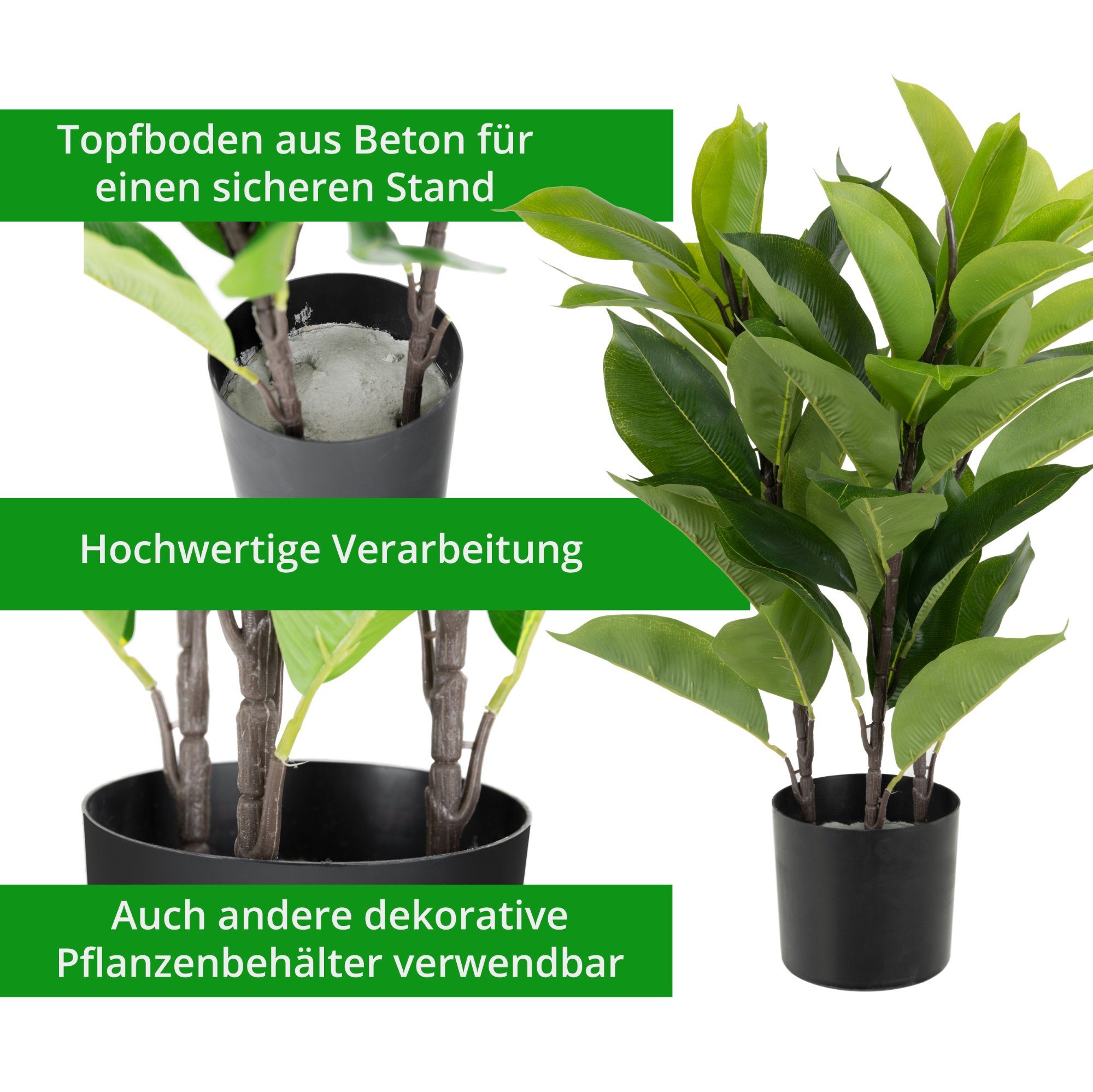 Kunstbaum GB-60 Kunstpflanze - künstlicher Kautschukbaum im Plastiktopf - 60cm hoch 40cm Durchmesser - Dekopflanze aus Plastik - Immergrünes, pflegeleichtes Ficus-Elastica-Imitat Gummibaum, joycraft, Höhe 60 cm