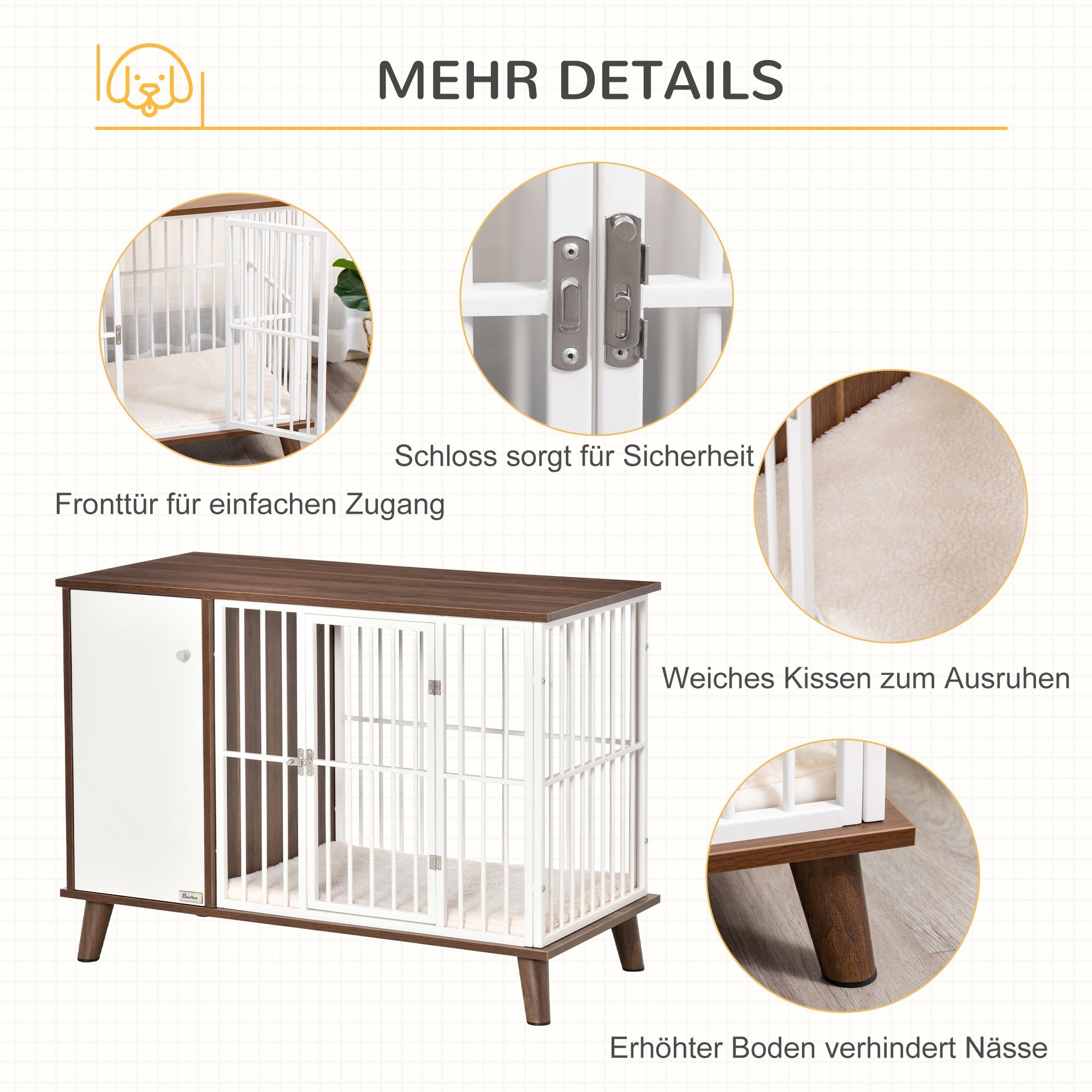 PawHut Hundehütte Hundekäfig mit Schrank inkl. Kissen 98 x 48 x 70,5 cm Braun + Weiß