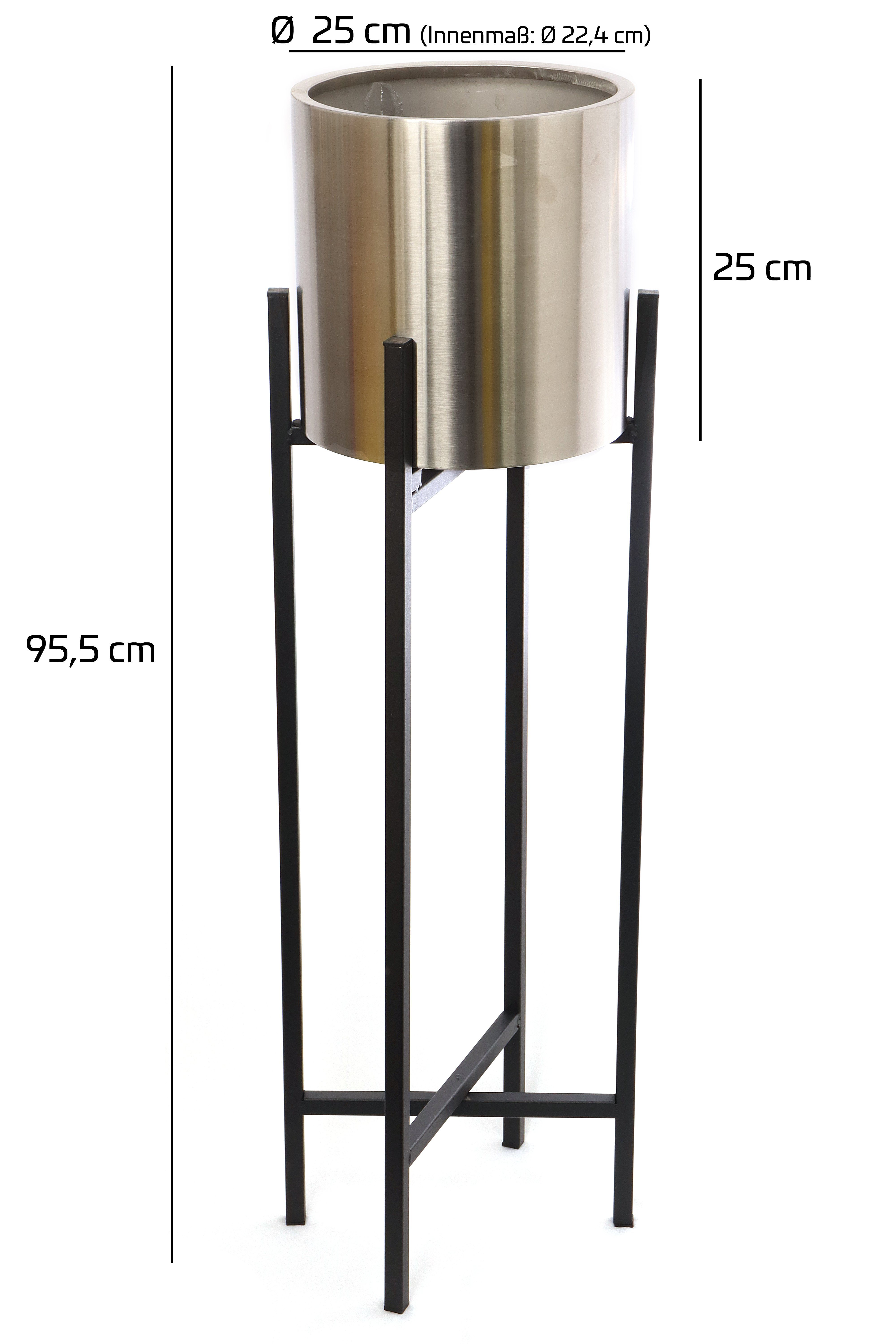 ELLUG Gartenbrunnen Blumentopf aus rostfreiem Edelstahl in Silber, schwarzer Ständer, Blumentopfhalter H.: 95,5cm Ø25cm Blumenkübel
