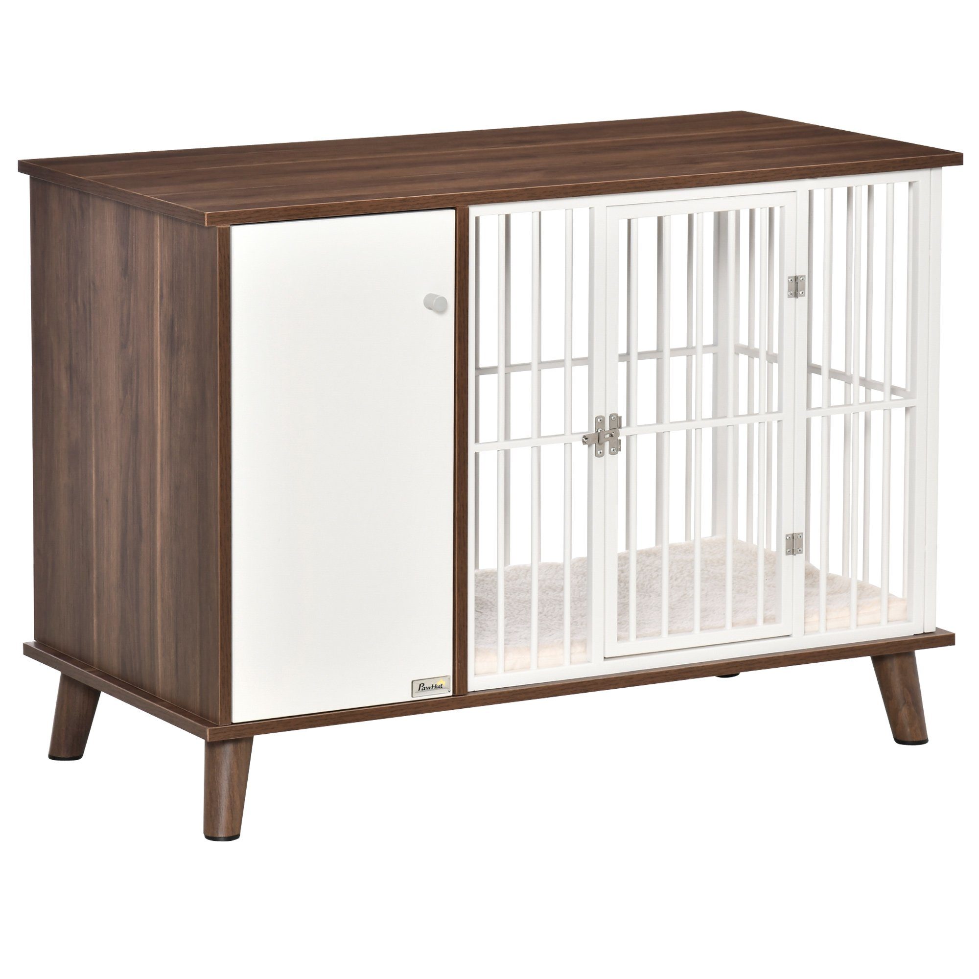 PawHut Hundehütte Hundekäfig mit Schrank inkl. Kissen 98 x 48 x 70,5 cm Braun + Weiß