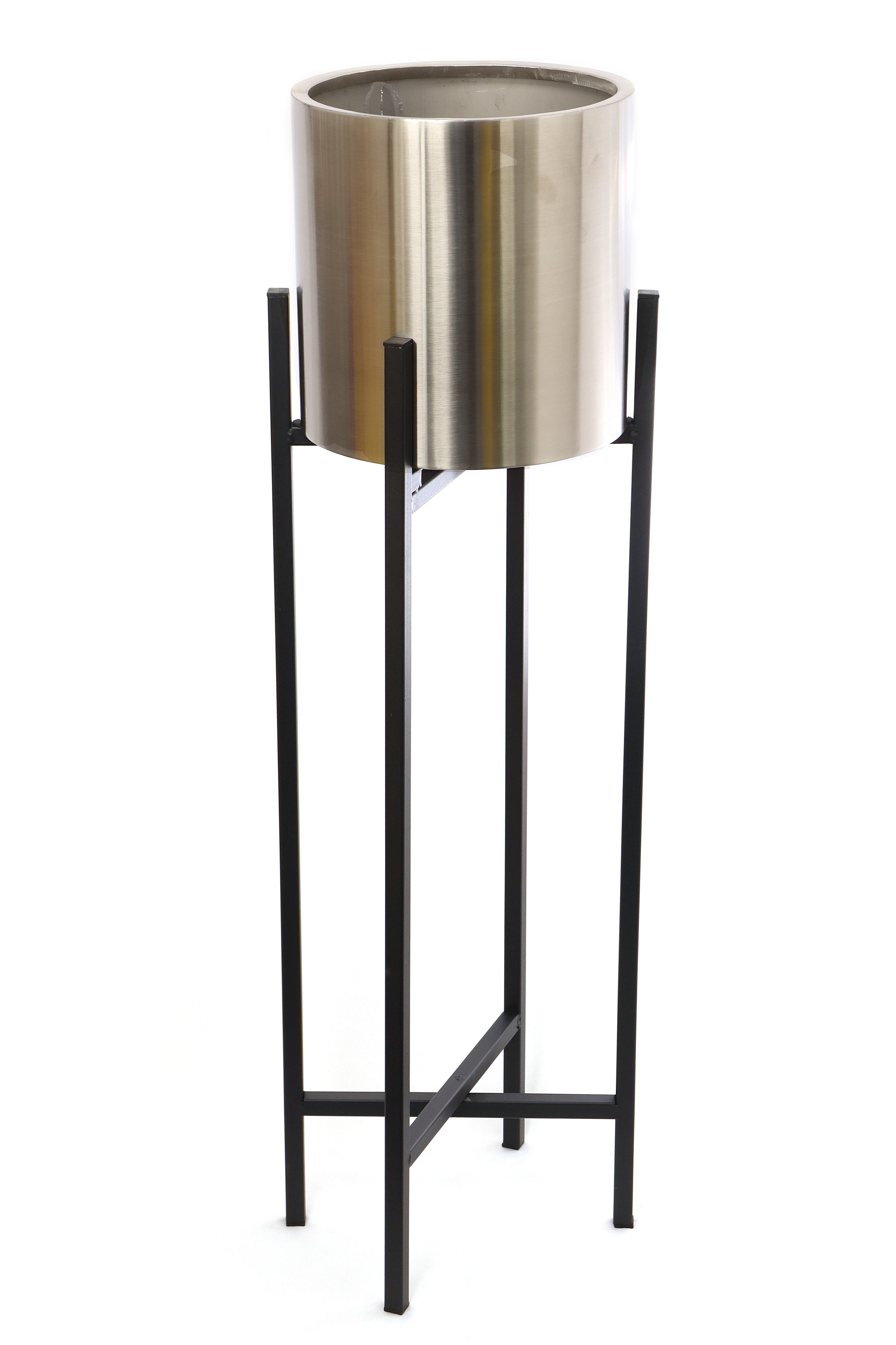 ELLUG Gartenbrunnen Blumentopf aus rostfreiem Edelstahl in Silber, schwarzer Ständer, Blumentopfhalter H.: 95,5cm Ø25cm Blumenkübel