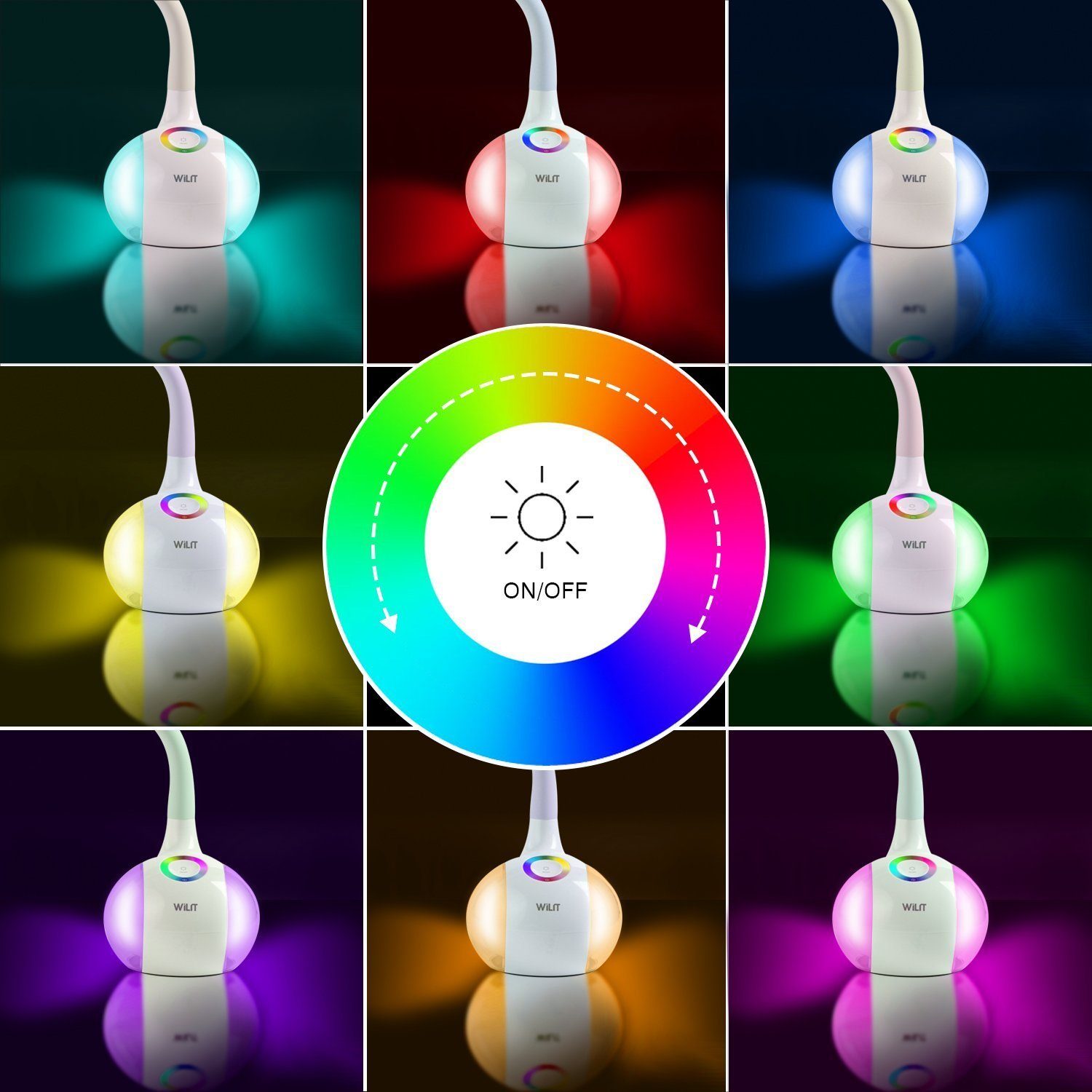 WILIT LED Tischleuchte 5W LED Schreibtischlampe Kinder Nachttischlampe Touch Dimmbar, LED fest integriert, Neutralweiß, Stufenlos Einstellbares Farblicht und 3 Helligkeitsstufen
