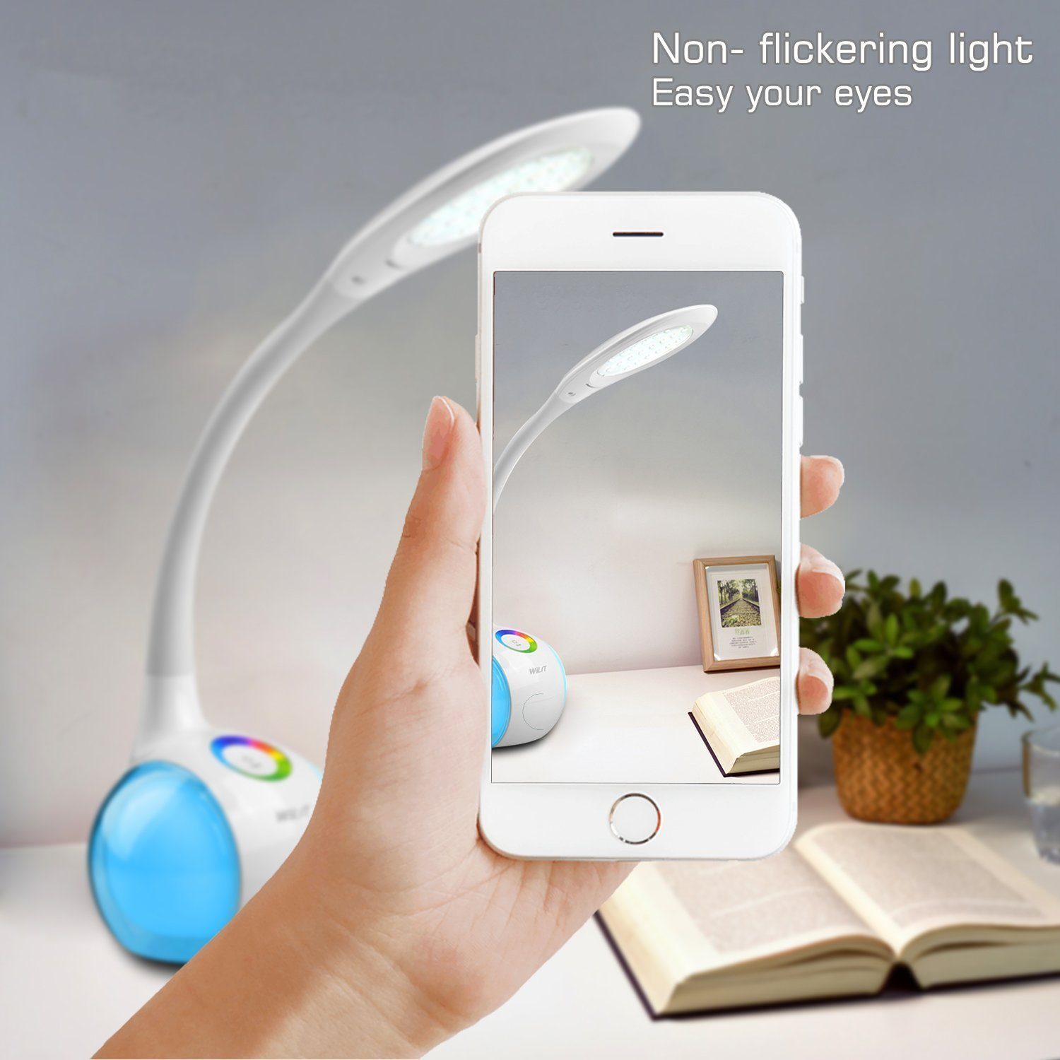 WILIT LED Tischleuchte 5W LED Schreibtischlampe Kinder Nachttischlampe Touch Dimmbar, LED fest integriert, Neutralweiß, Stufenlos Einstellbares Farblicht und 3 Helligkeitsstufen