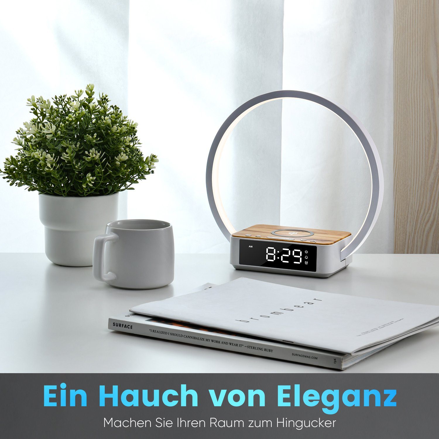 WILIT LED Tischleuchte Tischlampe Schlafzimmer Lampe Nachttisch mit Ladefunktion Kabellos, 10W kabelloses Ladegerät, LED fest integriert, Neutralweiß, Aufwachlicht, Wecker, Zeitanzeige und 3 Helligkeitsstufen dimmbar