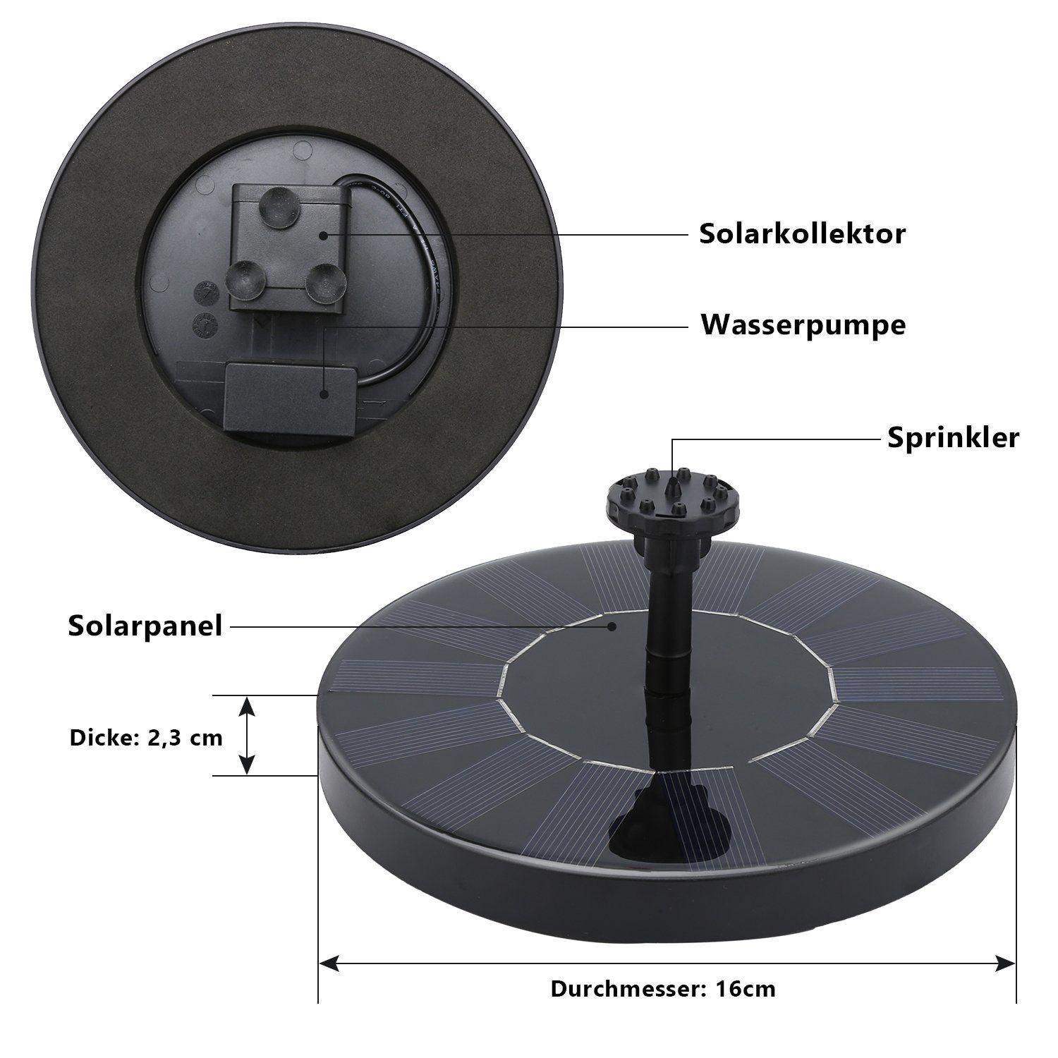 Clanmacy Gartenbrunnen SolarPumpe Solarbrunnen,Schwimmende Solarbrunnenpumpe mit 6 Brunnenstilen für den Garten, Solarwasserpumpe, Pumpe für Gartenteiche oder Vogeltränke 1.5W