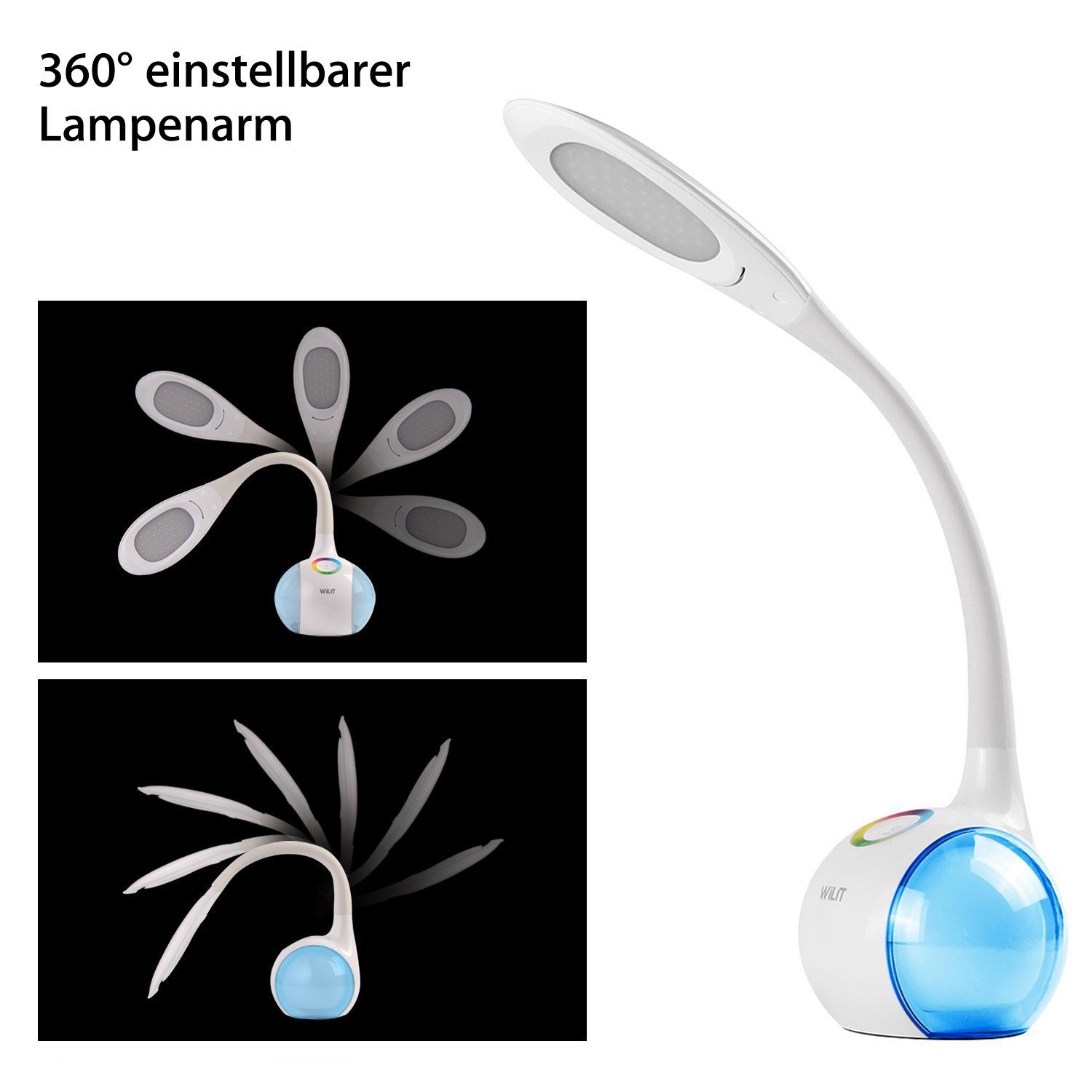 WILIT LED Tischleuchte 5W LED Schreibtischlampe Kinder Nachttischlampe Touch Dimmbar, LED fest integriert, Neutralweiß, Stufenlos Einstellbares Farblicht und 3 Helligkeitsstufen