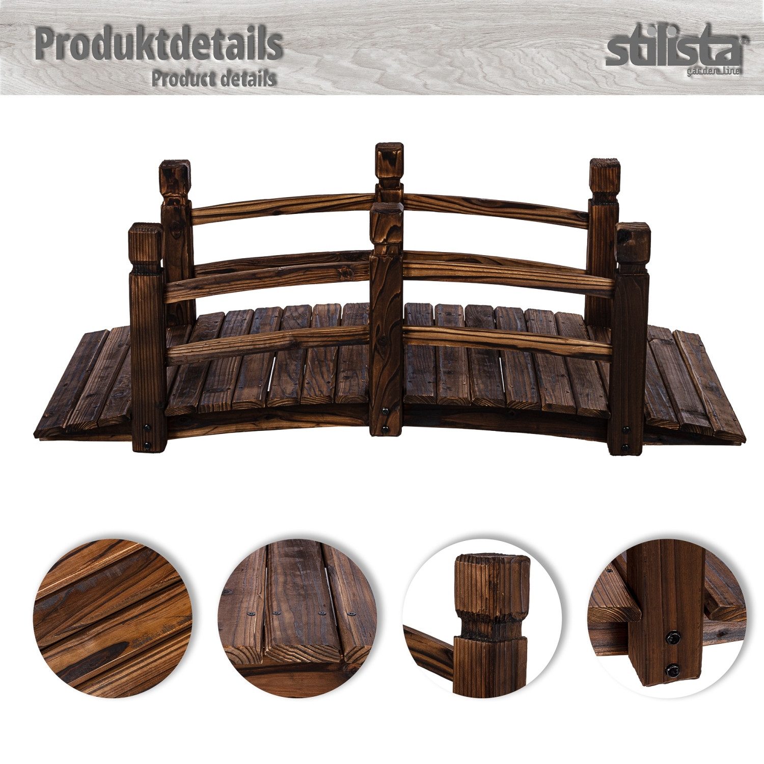 STILISTA Zierbrücke Holzbrücke Gartenbrücke Teichbrücke Dekobrücke, 150 x 65 x 53 cm, mit Geländer, geölt, Farbwahl