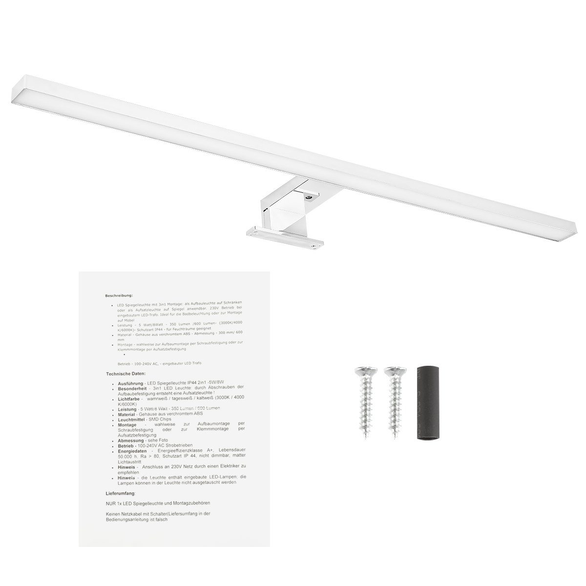 LETGOSPT Wandleuchte LED Spiegelleuchte, 30cm 60cm LED Spiegellampe, LED fest integriert, Kaltweiß, Aufbauleuchte + Klemmleuchte, Aluminium, Schminklicht, Schrank-Beleuchtung 230V 650 IP44
