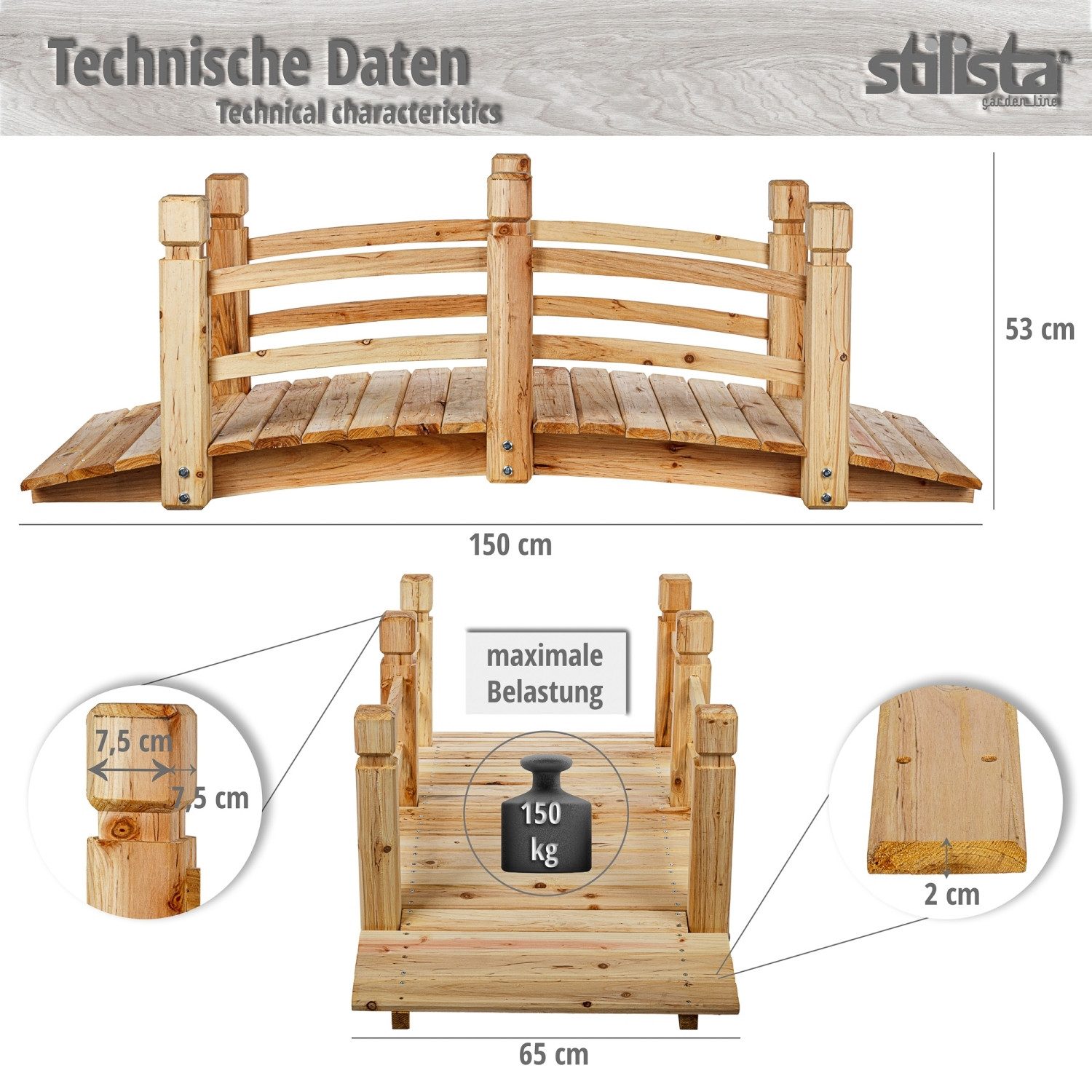 STILISTA Zierbrücke Holzbrücke Gartenbrücke Teichbrücke Dekobrücke, 150 x 65 x 53 cm, mit Geländer, geölt, Farbwahl